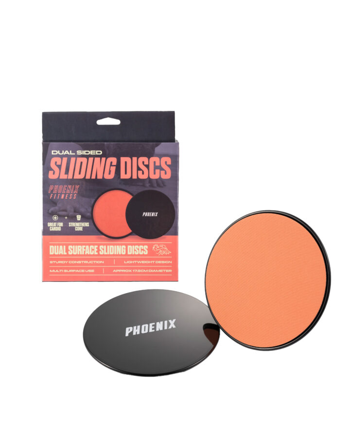 Pair of Phoenix Fitness Black and Orange Exercise Sliders on white background