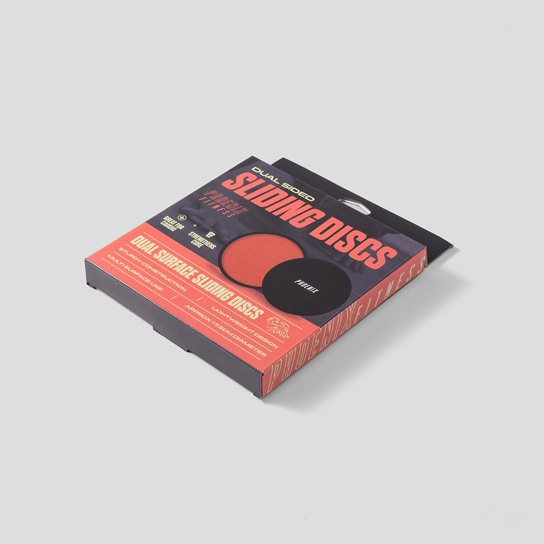 Black and Orange Exercise Sliders in dual sided sliding discs packaging