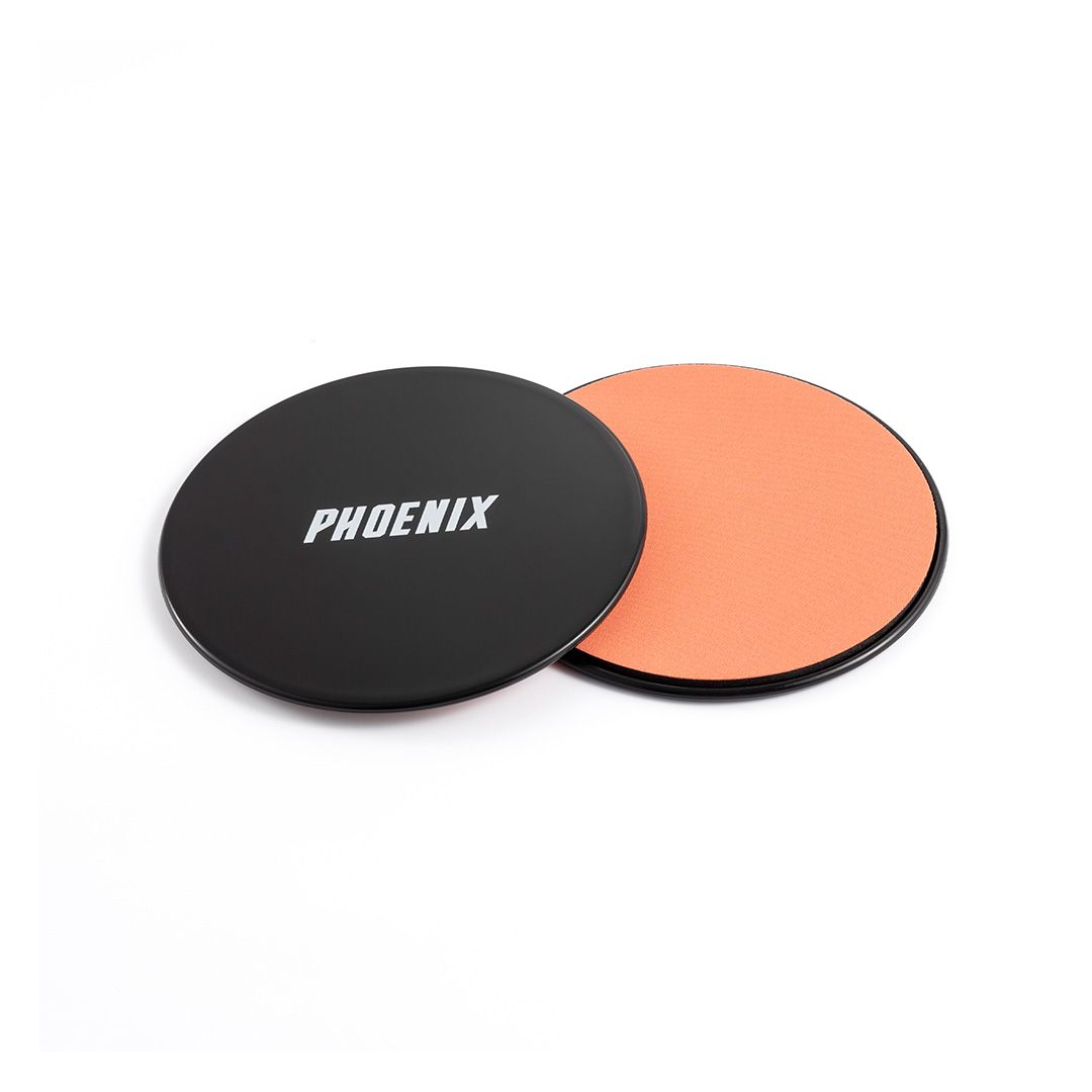 Pair of Phoenix Fitness Black and Orange Exercise Sliders on white background