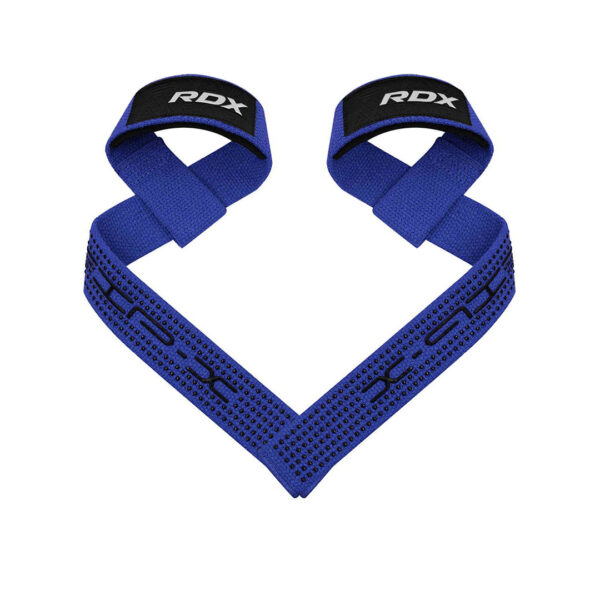 Blue RDX S4 lasso-style deadlift straps with rubberised grip dots