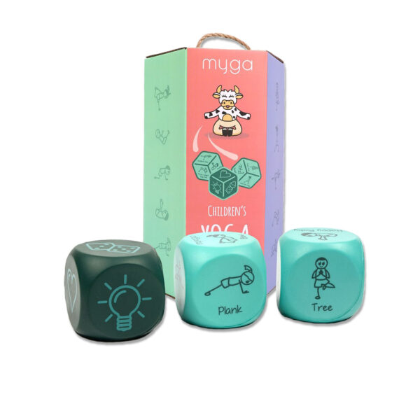 The three children's yoga dice is position infront of the packaging