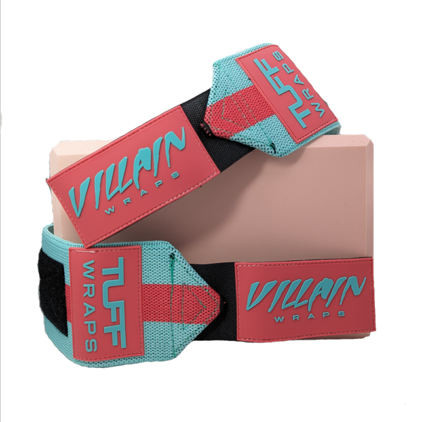 Tuff Wraps. Pink and Teal 16 inch wrist support. On a pink box