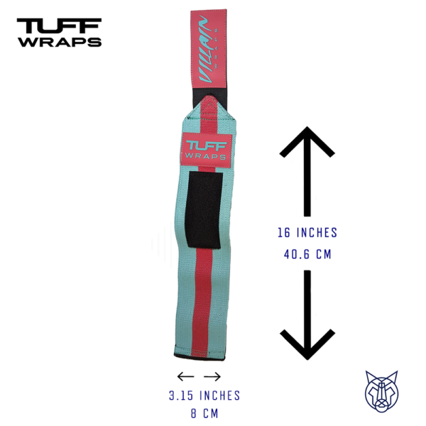 Tuff Wraps. Pink and Teal 16 inch wrist support. Size guide