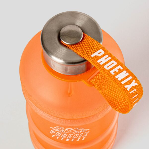 Orange 1 litre gym bottle with vibrant orange carry strap