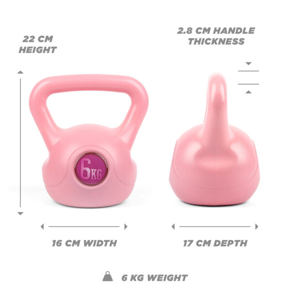 Accurate dimensions of the pink 6kg kettlebell