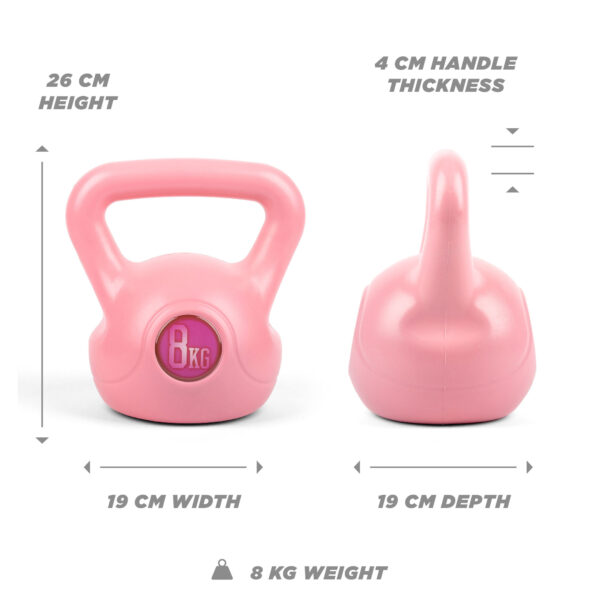 Accurate dimensions of the pink 8kg kettlebell