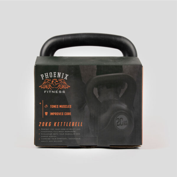 Boxed image of the 20kg Black Kettlebell from Phoenix Fitness