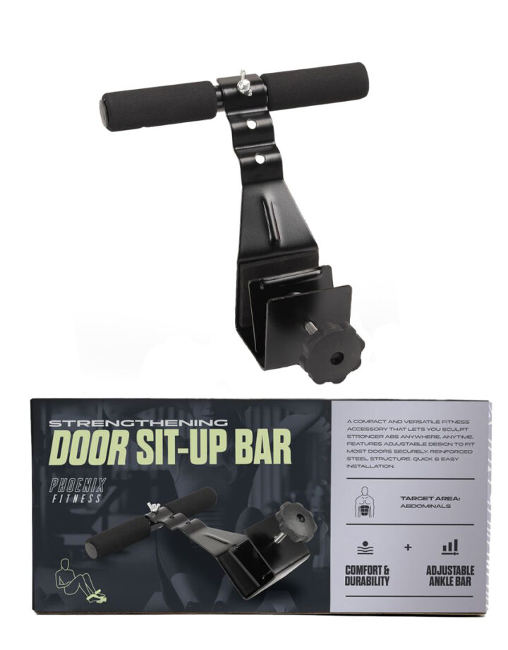 Door sit up bar with packaging for ab workouts at home.