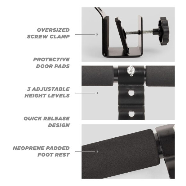 Door sit up bar features adjustable height, protective pads, and padded footrest.