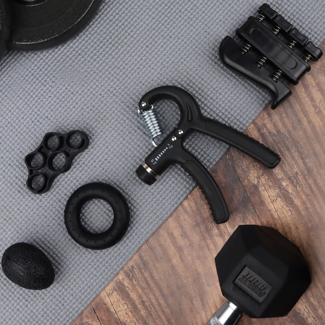 Beginner grip strength set with hand gripper, finger trainer, grip ring, finger stretcher and grip egg.