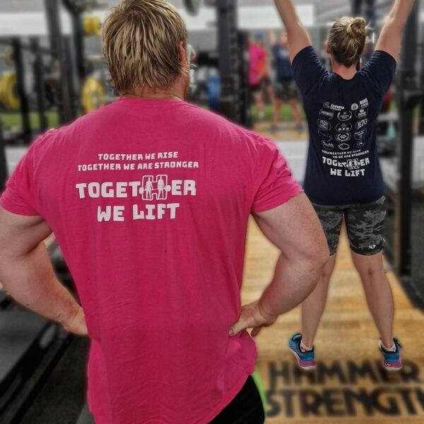 Together We Lift Pink T Shirt being worn in the gym