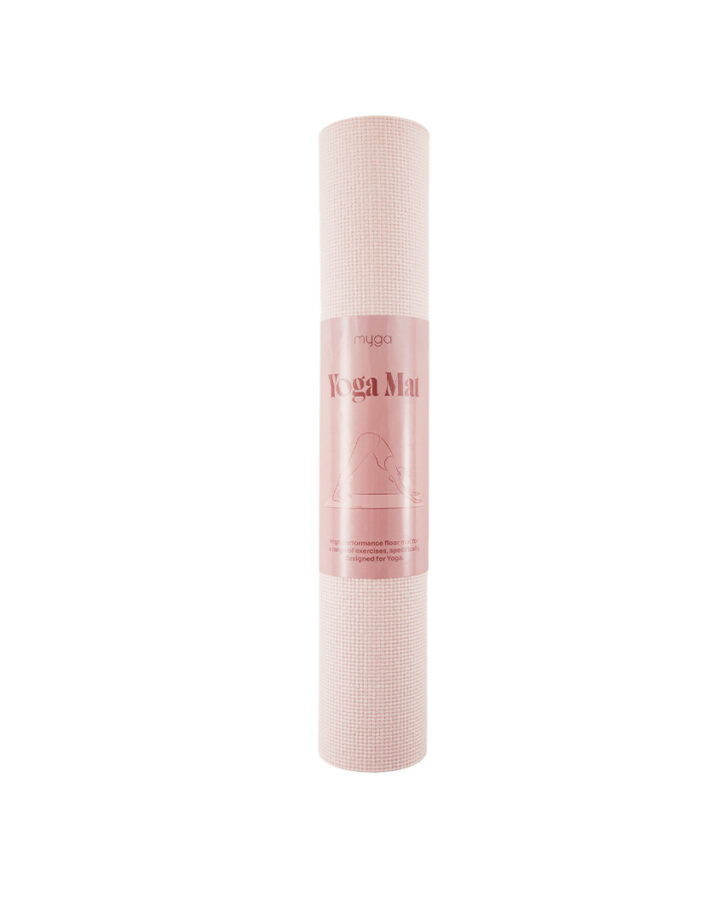 Packaged pink Myga yoga mat rolled and ready to use