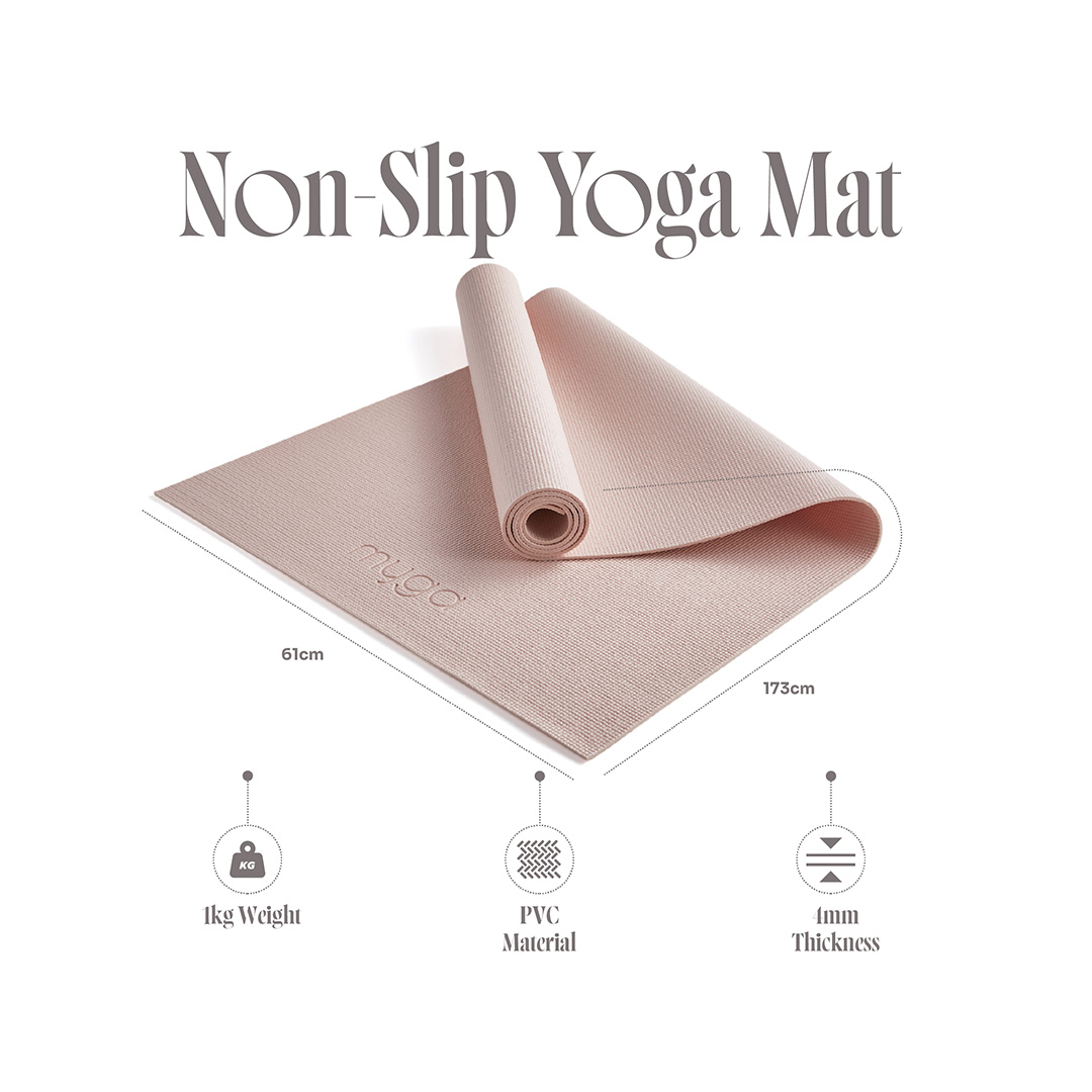 Pink yoga mat for beginners measuring 173cm by 61cm with 4mm thickness