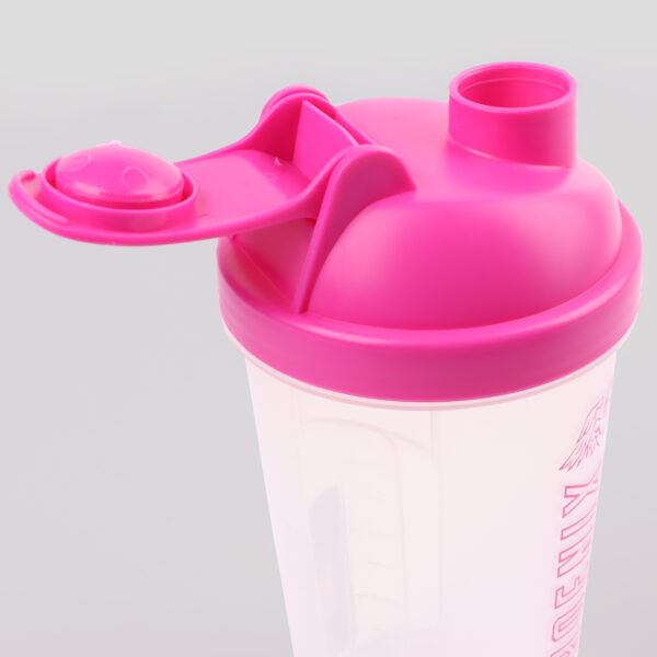 Pink protein shaker with open lid