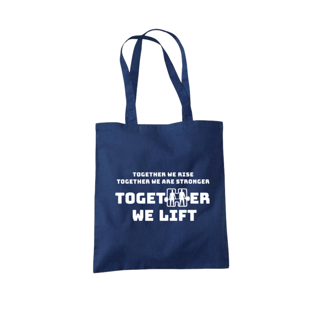 Navy Tote Bag saying Together We Rise, Together We Are Stronger, Together We Lift.