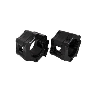 Pair of Black Olympic Barbell Collars on plain white background