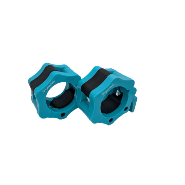 Teal Gymist Olympic barbell collars with easy-lock lever for fast and secure lifting