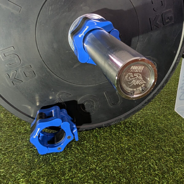 Blue Gymist quick-release Olympic barbell collars used at Together We Lift, Strength In Depth UK Championships