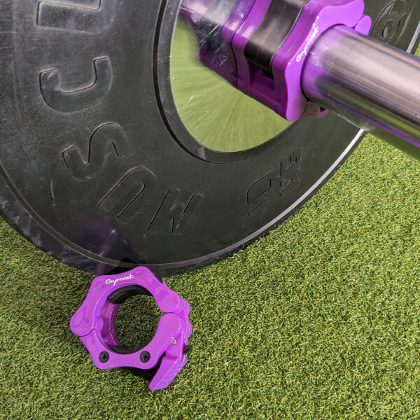 Purpler Barbell Collars standing out next to Black Bumper Plates