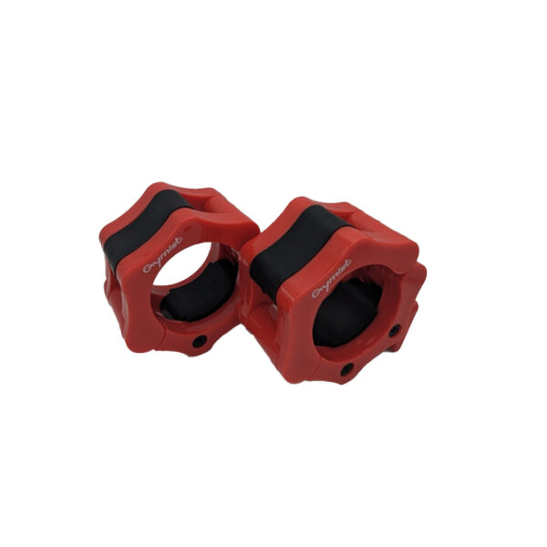 Red Gymist 2" Olympic barbell collars with quick-lock mechanism for secure weightlifting