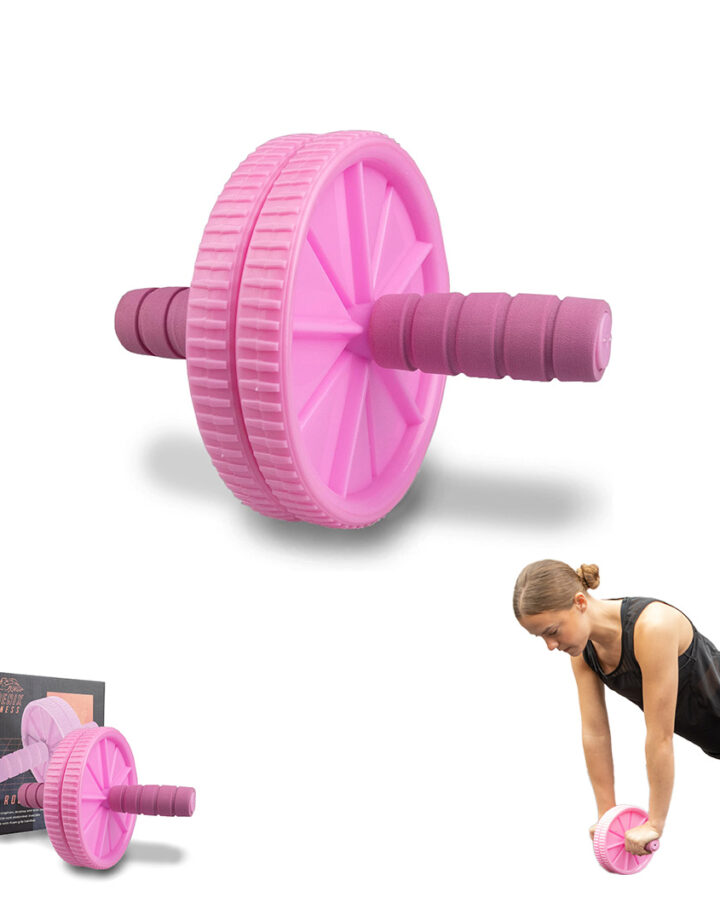 Photo shows stock image of the pink ab roller, centralised, a boxed version to the left, and the ab roller in use on the right