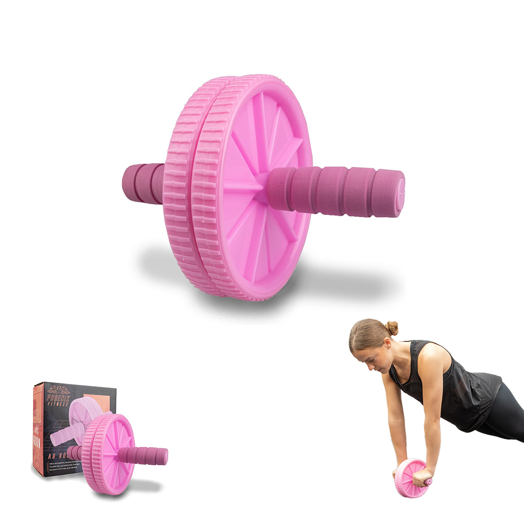 Photo shows stock image of the pink ab roller, centralised, a boxed version to the left, and the ab roller in use on the right