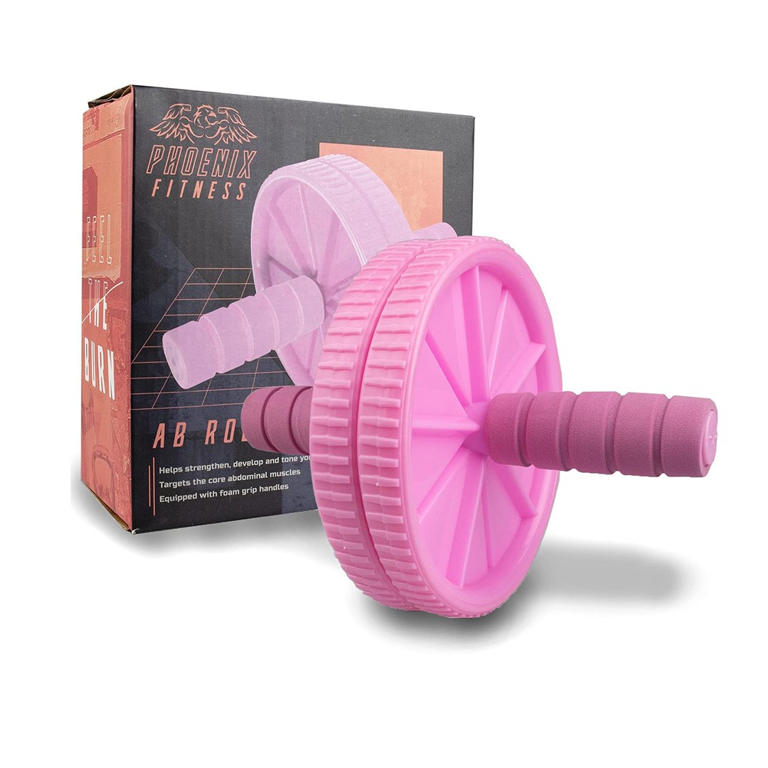 Phoenix Fitness pink ab roller shown alongside its retail box, with dual wheels and foam grip handles