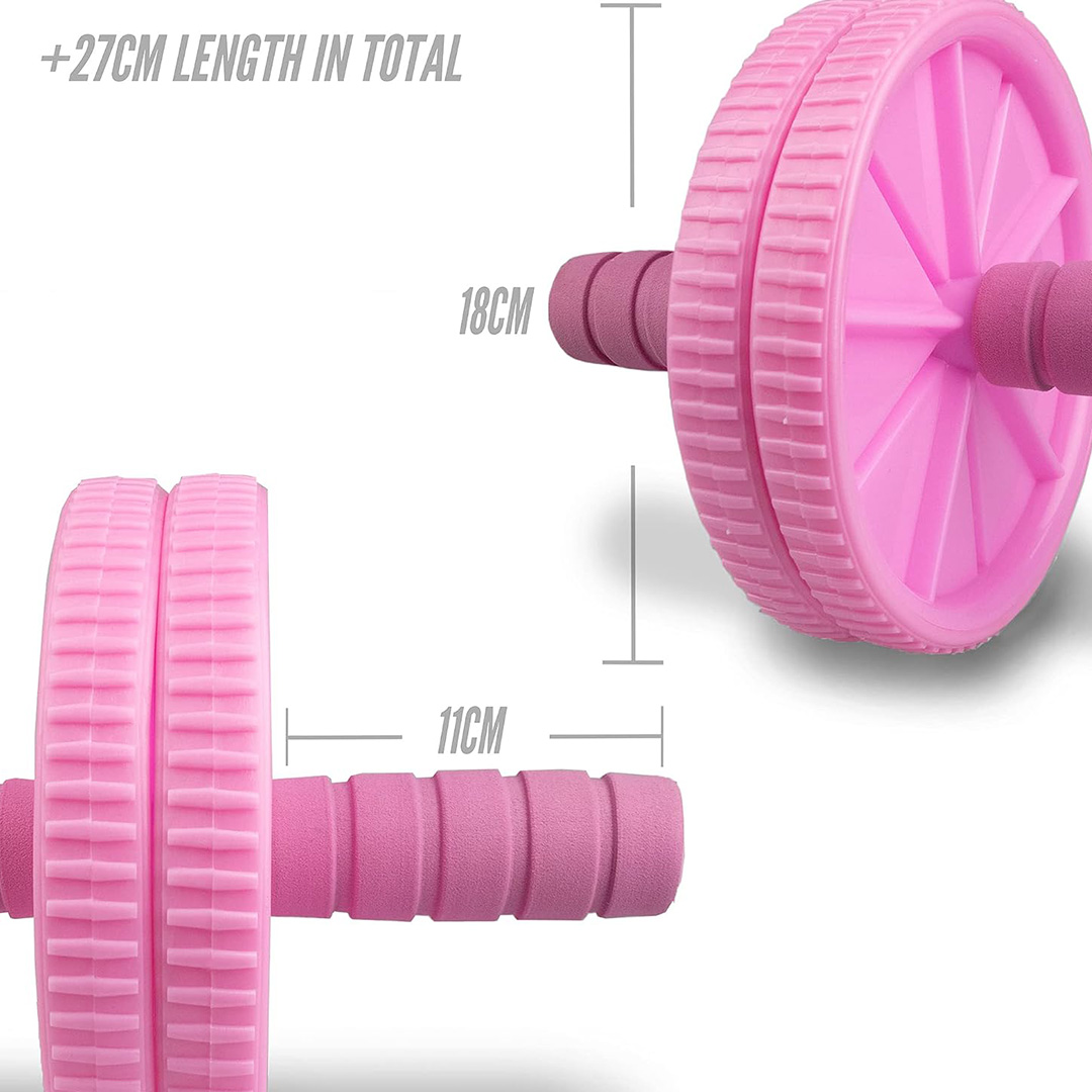 Pink ab roller dimensions showing an 18cm wheel height, 11cm handles and approximately 27cm total length.