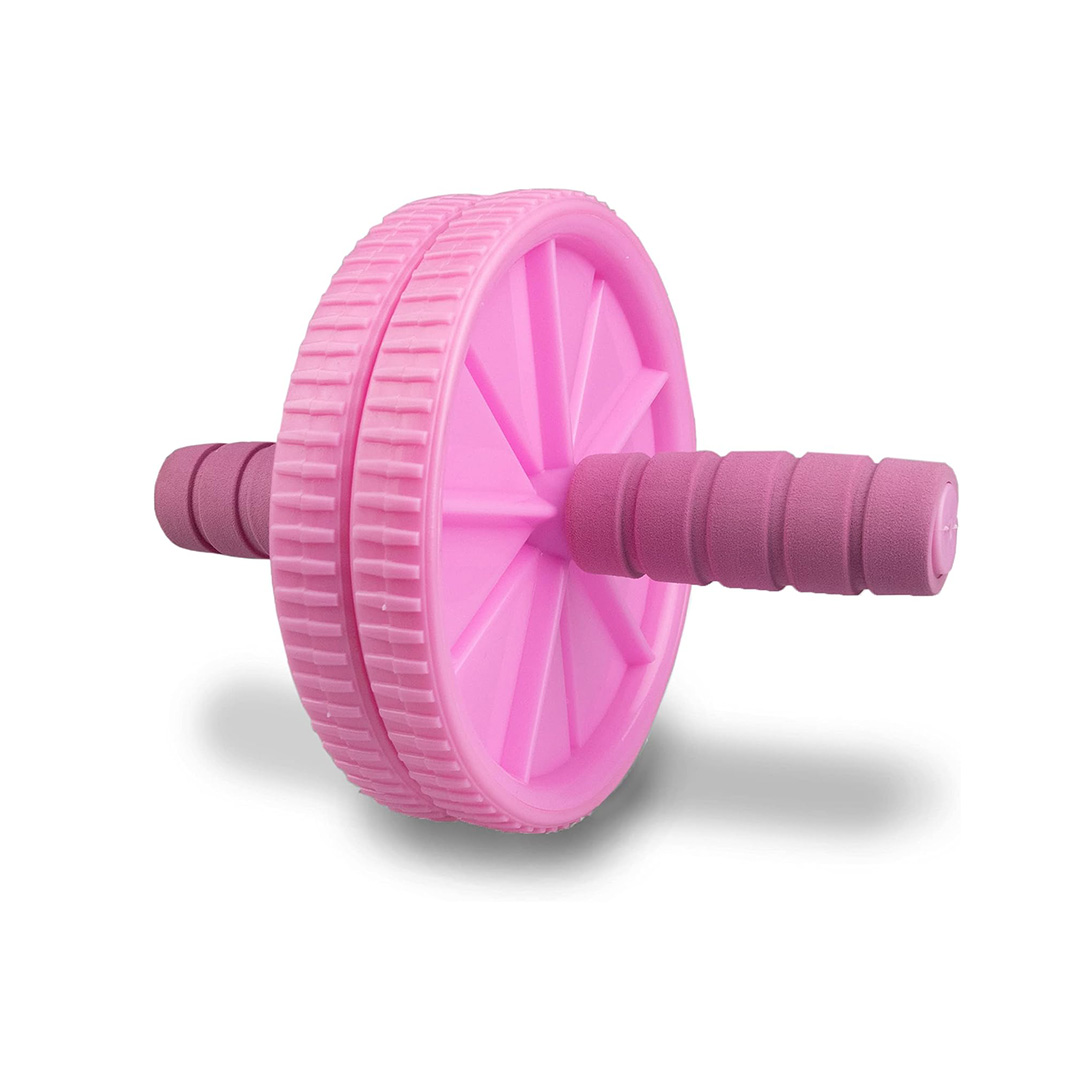Pink abdominal wheel with two textured wheels and foam grip handles for controlled core exercises.