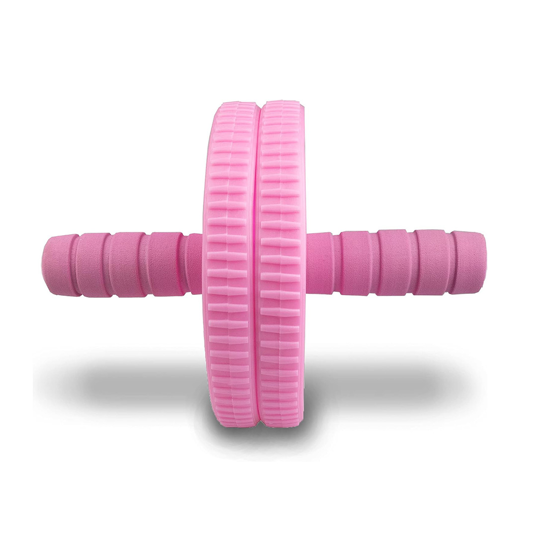 Front view of a pink dual wheel ab roller with foam handles for home and gym core training.