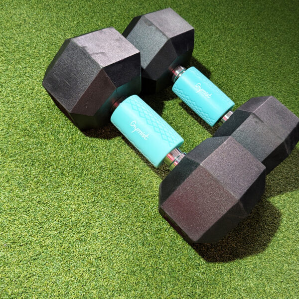 Teal Fat Grips on Hex dumbbells