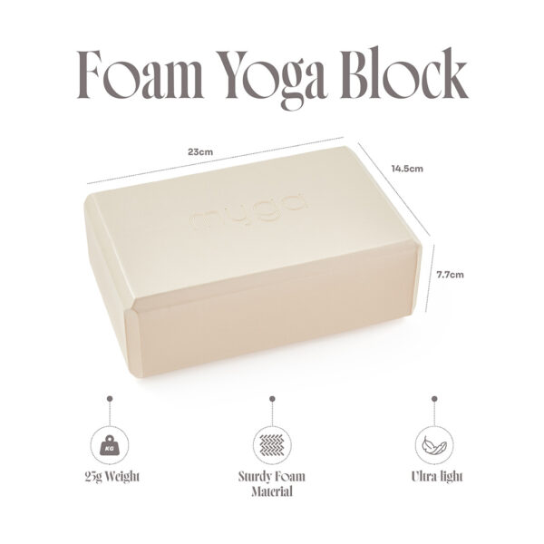 Sand yoga block dimensions 23 x 14.5 x 7.7cm made from high density lightweight EVA foam
