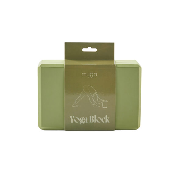 Moss green yoga block packaged front view high density EVA foam prop
