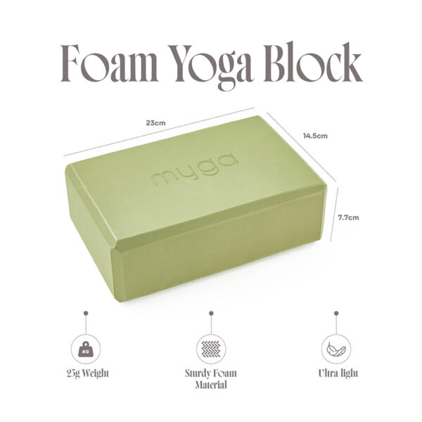 Moss green yoga block dimensions 23 x 14.5 x 7.7cm lightweight EVA foam
