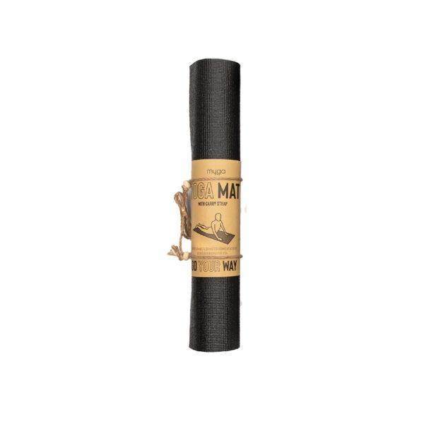 Packaged black Myga exercise mat rolled and ready to use