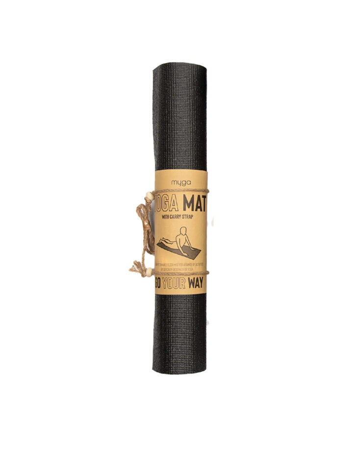 Packaged black Myga exercise mat rolled and ready to use