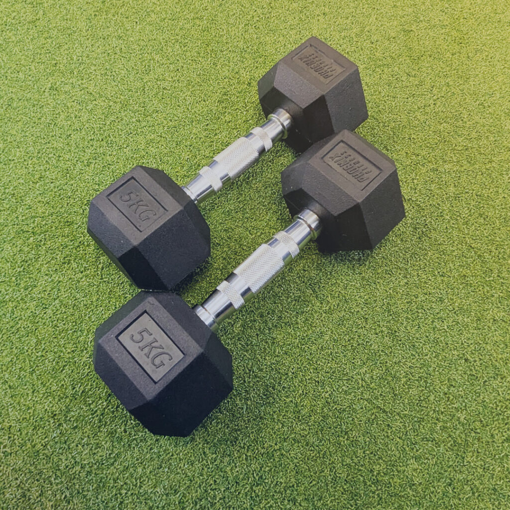 Pair of 5kg hex dumbbells for home strength training