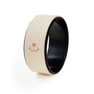 Yoga wheel with size dimensions 34.5cm diameter and 12.5cm width, non-slip TPE cushioning and ABS plastic core.