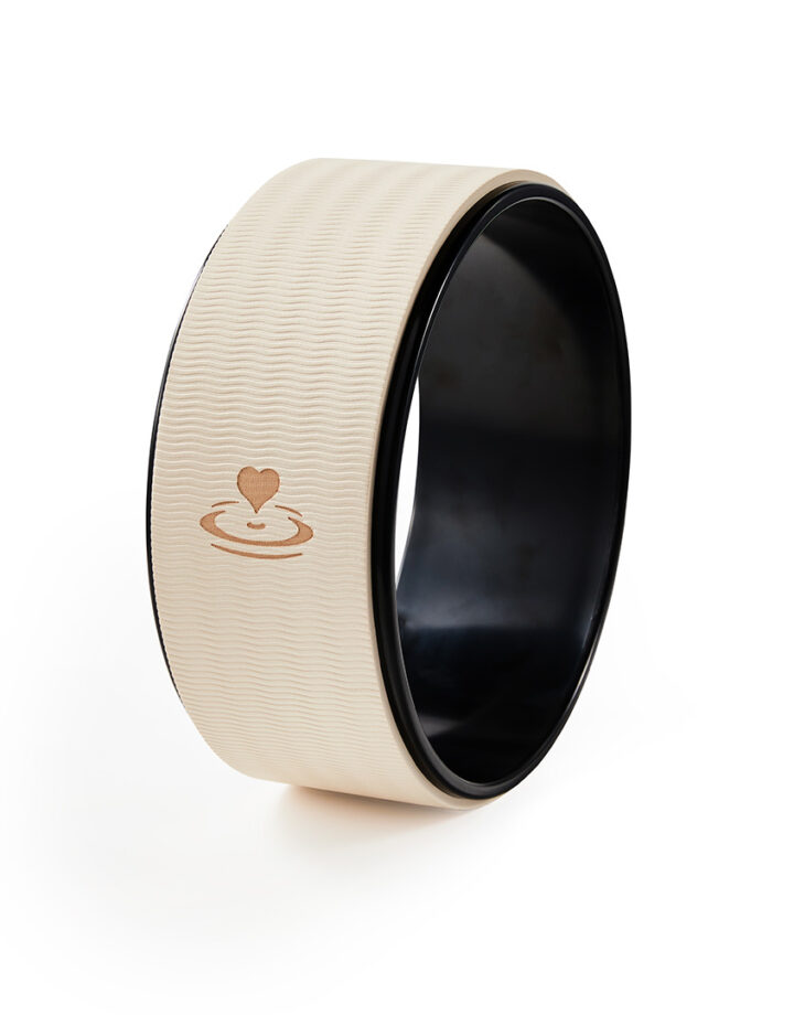 Yoga wheel with size dimensions 34.5cm diameter and 12.5cm width, non-slip TPE cushioning and ABS plastic core.