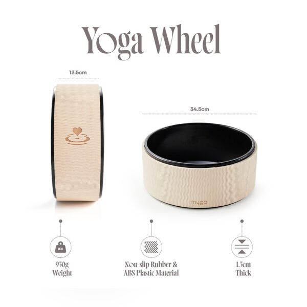 Yoga wheel with size dimensions 34.5cm diameter and 12.5cm width, non-slip TPE cushioning and ABS plastic core.