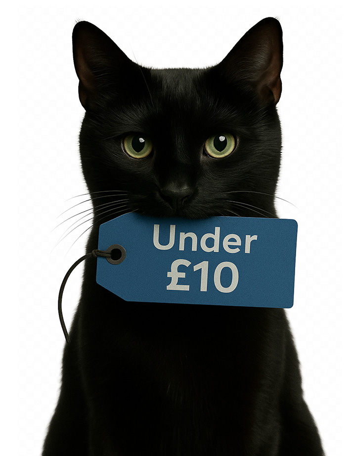 Bandit our Black Cat with the under 10 pound price ticket in his mouth