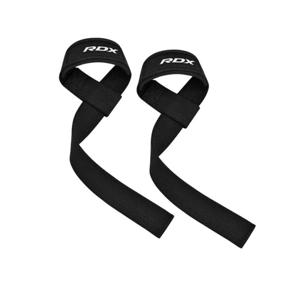 Black RDX WAN W1 lifting strap laid flat showing cotton strap length and logo panel