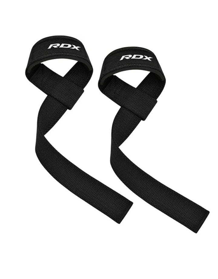 Black RDX WAN W1 lifting strap laid flat showing cotton strap length and logo panel