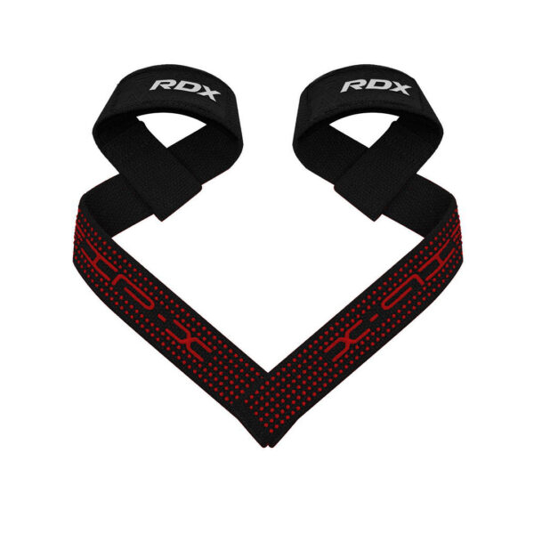Black RDX S4 lasso-style deadlift straps with rubberised grip dots