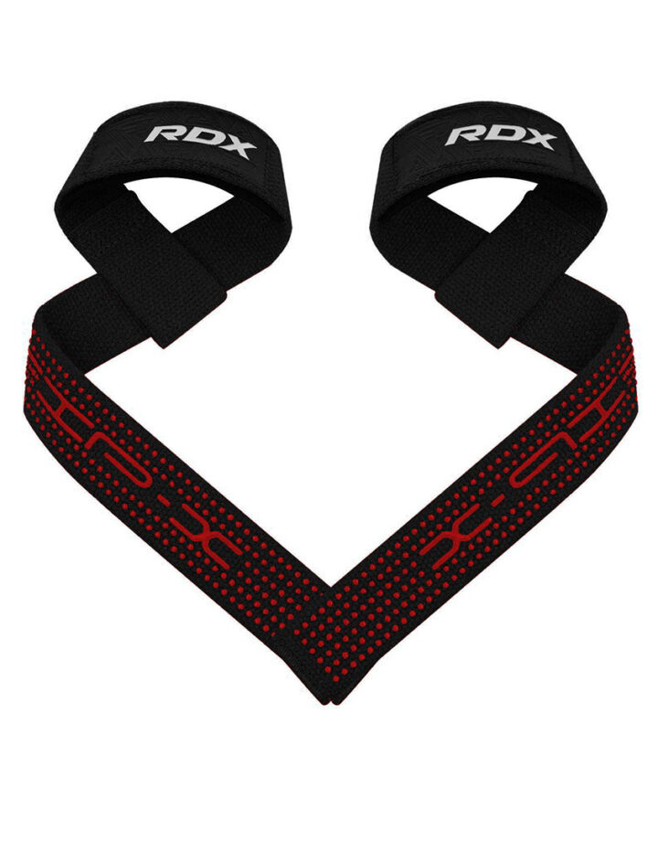 Black RDX S4 lasso-style deadlift straps with rubberised grip dots