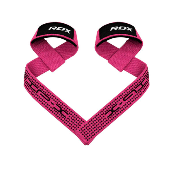Black RDX S4 lasso-style deadlift straps with rubberised grip dots on white background.