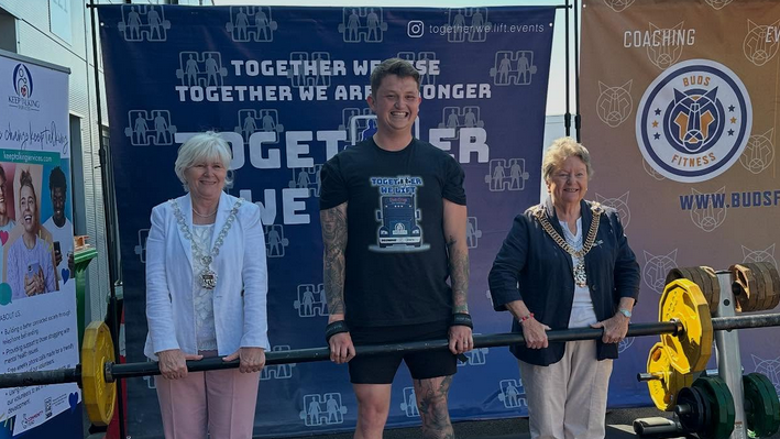 Alex from Keep Talking Services doing a Tandem Deadlift with the Mayor Of Kent at the Together We Lift 2025 event in aid of Keep Talking Services