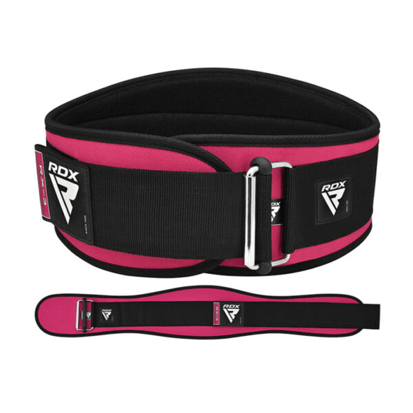Pink RDX Weightlifting belt. Shown with velcro closed, and velcro open