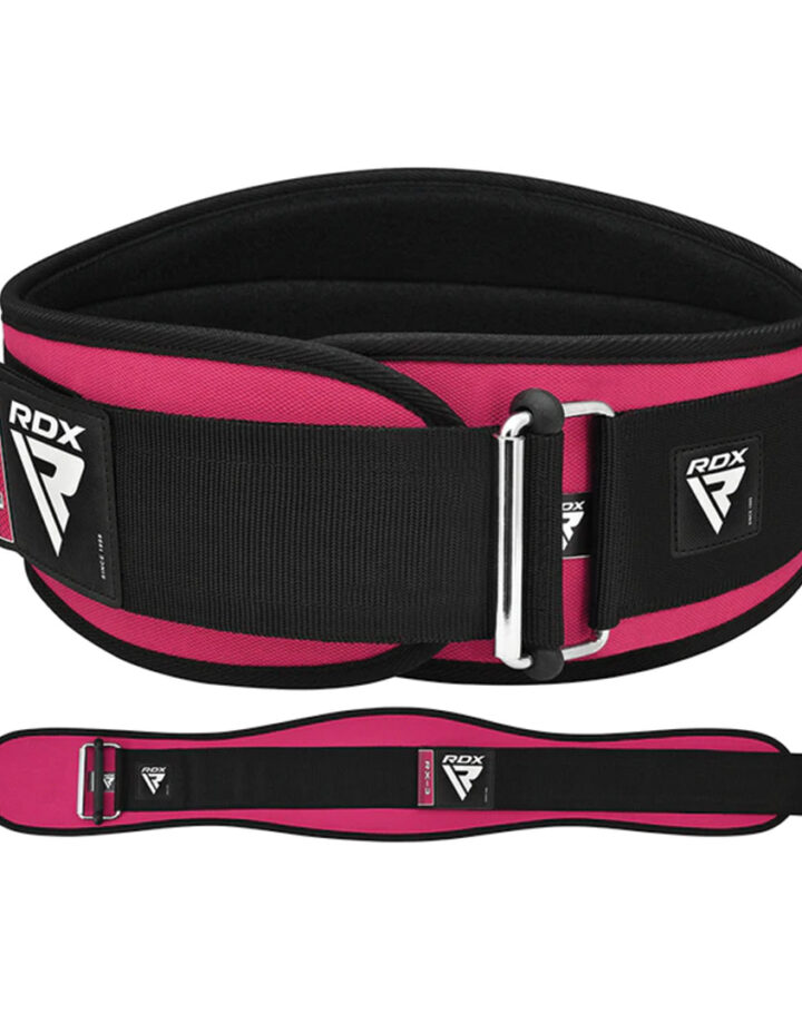Pink RDX Weightlifting belt. Shown with velcro closed, and velcro open