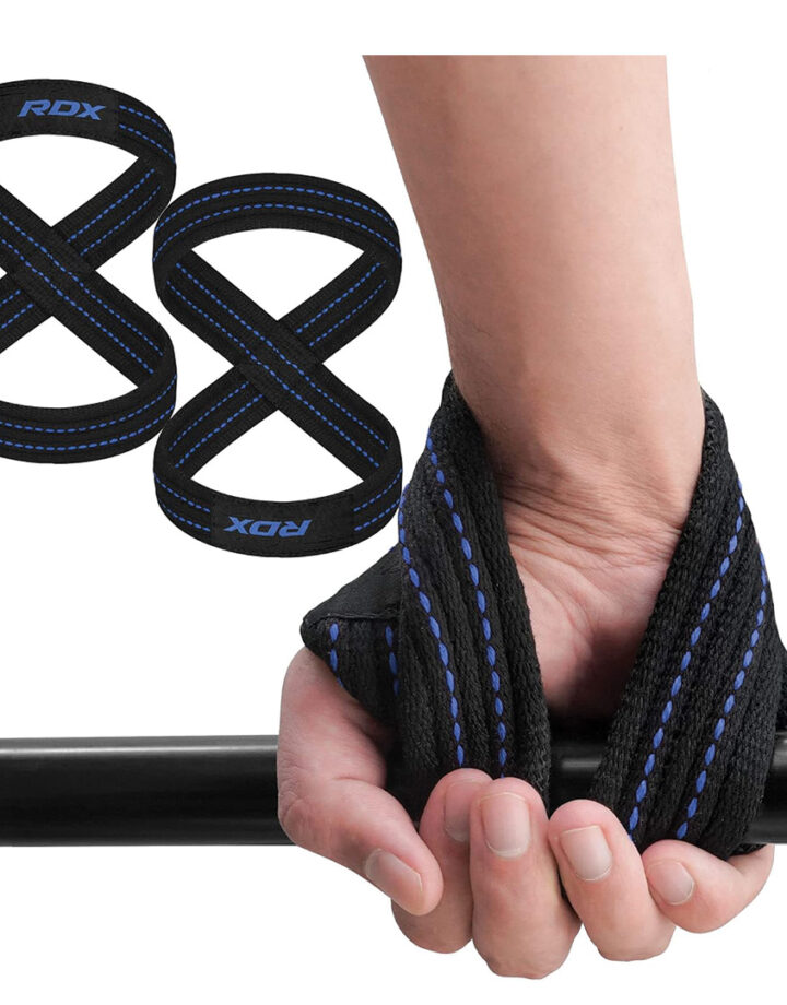 RDX blue figure 8 lifting straps positioned around wrist ready for barbell lifting with a pair of straps top left, indicating RDX Figure 8 Straps are sold in pairs